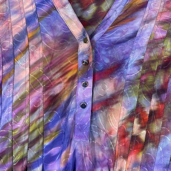 Cocomo Blouse Women XL Purple Tie Dye Bell Sleeve Pleated Henley Boho Whimsigoth - Picture 5 of 9